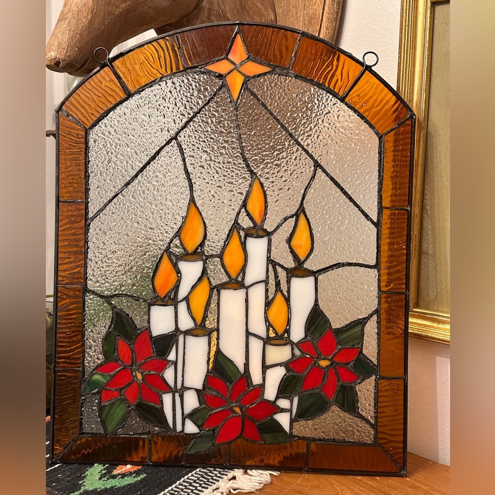 Vintage Christmas Holiday Stained Glass  Candles & Red Poinsettias